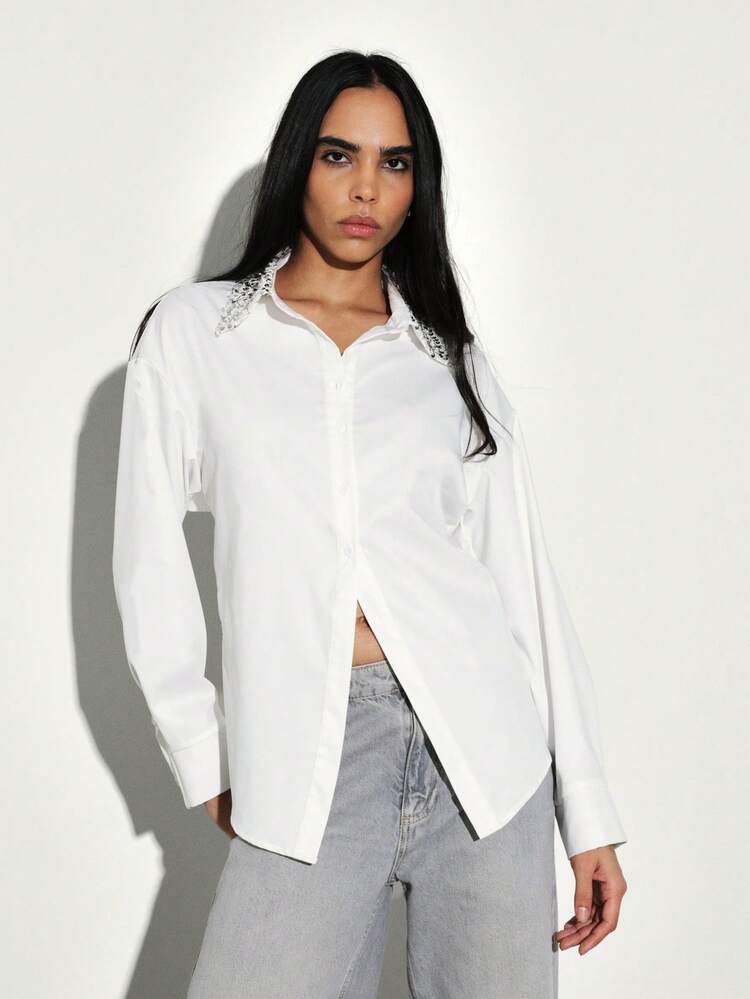 KSTM Women Long Sleeve Sequin Collar Button Down Shirt With Tie Back Detail White Blouse Office Casual Top
