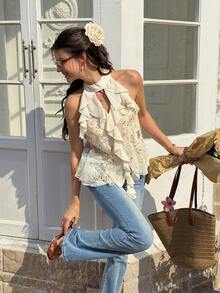 Serisse Áo kiểu cổ yếm xếp nếp thêu sequin mùa hè dành cho nữ - Màu be - Xem 1