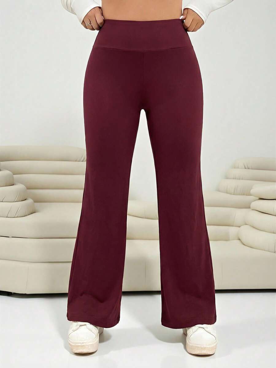 SHEIN EZwear 女士酒红色高腰喇叭裤 - 酒紅色 - 查看 1