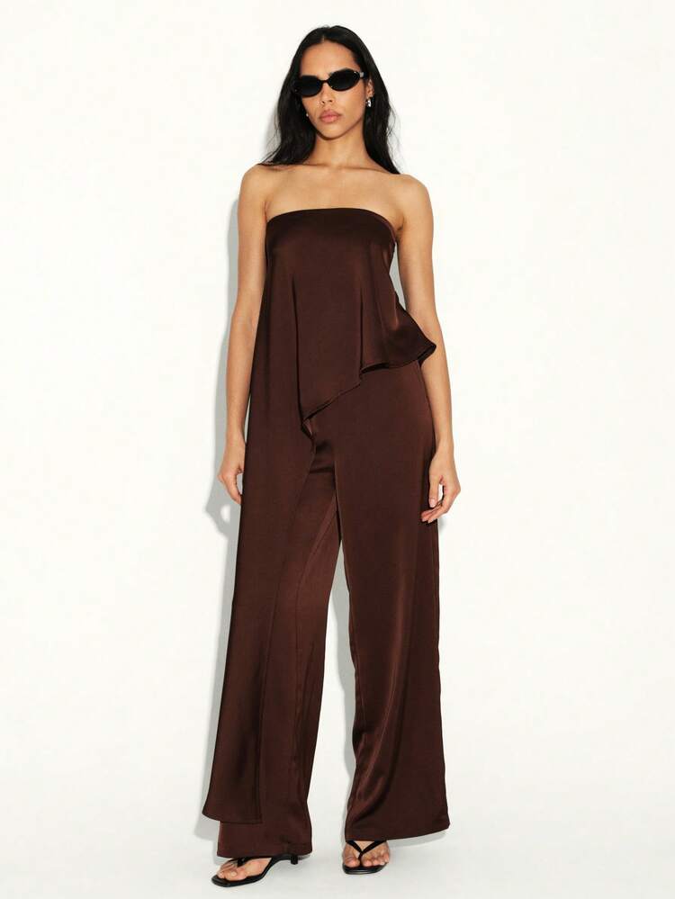KSTM Strapless Asymmetric Ruffle Wide Leg Palazzo Pants High Waisted Formal Evening Elegant Chic Dressy Sophisticated Flowy Silky Luxe Trousers