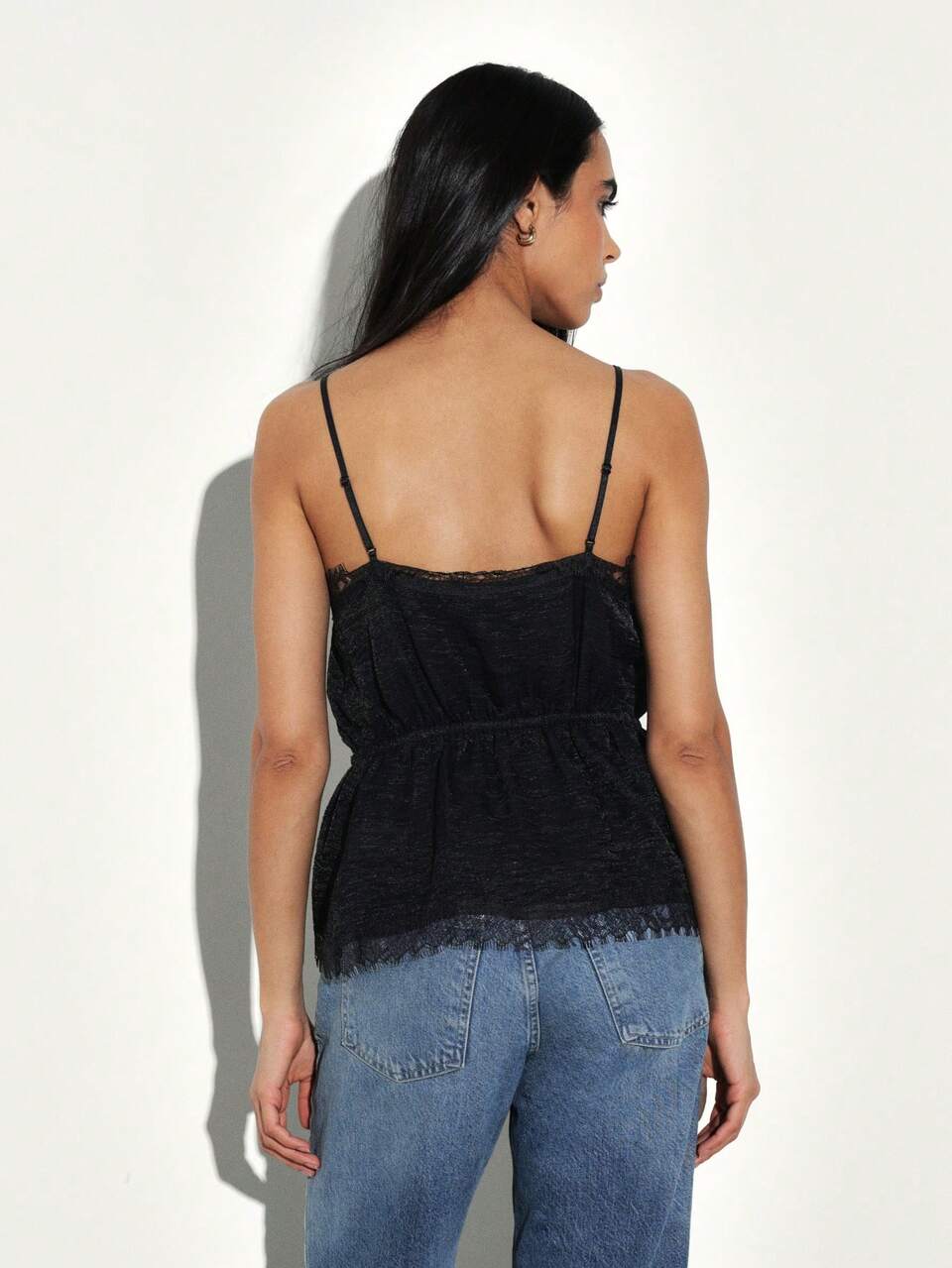 KSTM Lace Trimmed Tie Front Camisole With Gathered Waist V Neck Spaghetti Strap Tank Top For Date Night Evening