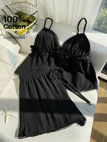 Comfortcana Plus Size Women Summer Casual Vacation Solid Color Textured Fabric Lace Trim Babydoll Cami Top And Shorts Set - Black - View 3