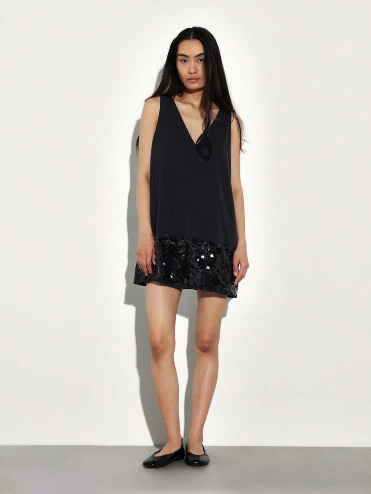 KSTM V Neck Sleeveless Sequin Hem Mini Dress Party Evening Occasion Sparkly Black Dress