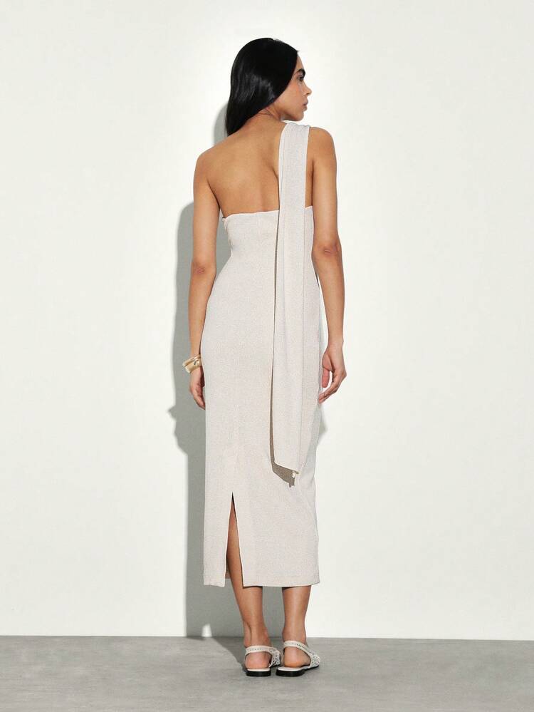 KSTM One Shoulder Asymmetric Midi Dress With Scarf Detail Ribbed Knit Bodycon Evening Party Dress Side Slit Design