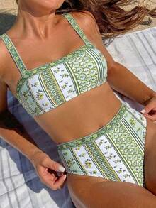 Swim Vcay 夏季新款性感褶皱细肩带两件式泳衣，绿色花卉印花，适合小胸身材，时尚比基尼，适合海滩度假、蜜月旅行、休闲度假。两件式泳衣，沙滩两件套，夏季波西米亚风两件式泳衣。 - 彩色 - 查看 7