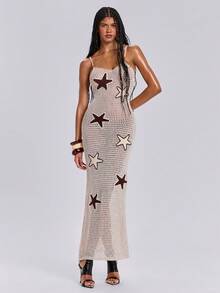 ROMWE 度假风性感钩针手工海星图案女士吊带连衣裙 - 米色 - 查看 4