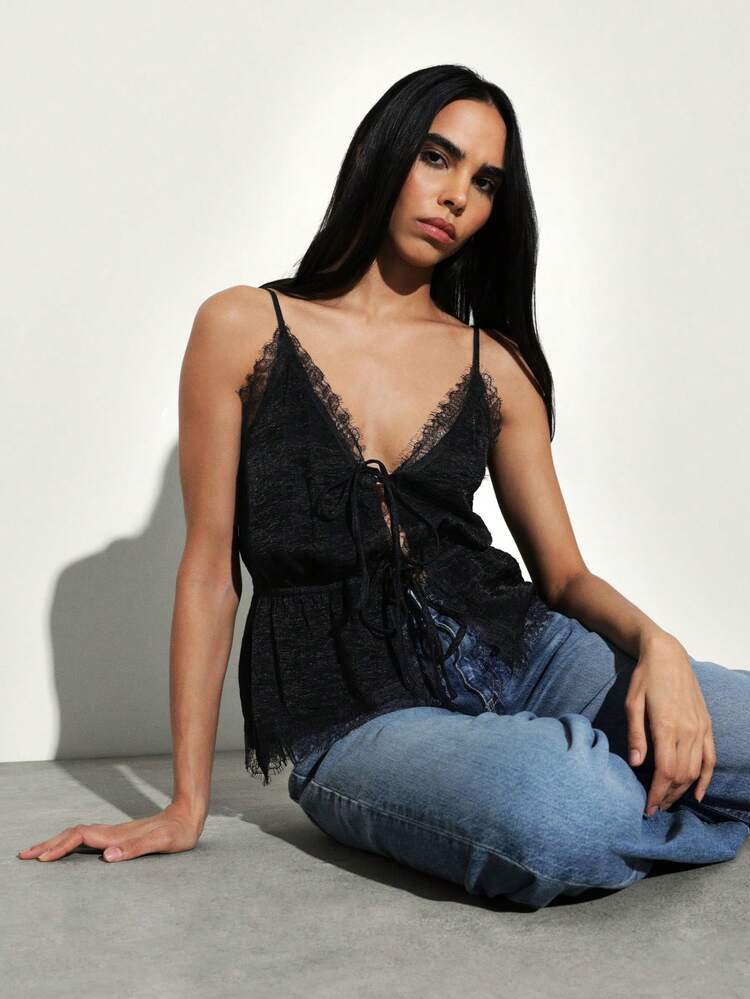 KSTM 레이스 트림 타이 프론트 캐미솔, 개더드 허리 브이넥 스파게티 스트랩 탱크탑 데이트 나이트 이브닝용