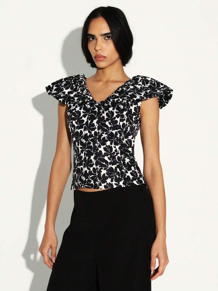 KSTM Women's Black Floral Print Blouse With Ruffled Cap Sleeves And V-Neck For Spring Summer Office Casual Wear