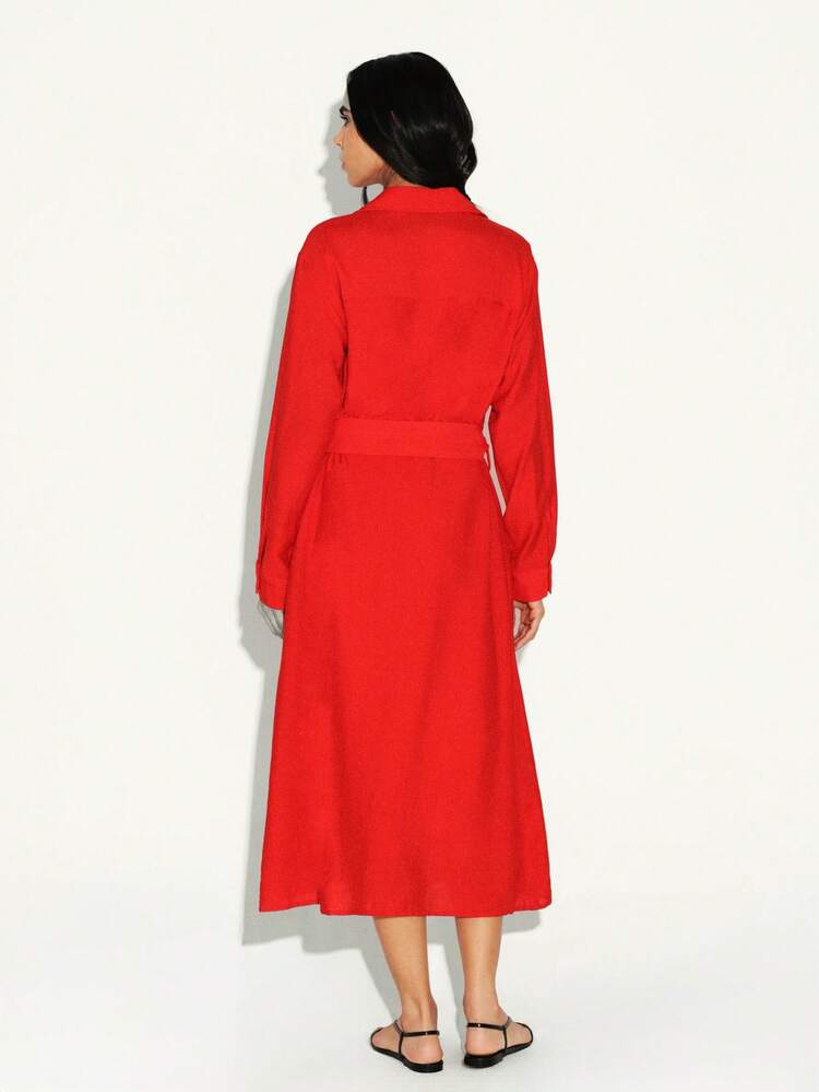 KSTM Belted Long Sleeve Maxi Shirt Dress With Collar And Button Front Closure For Fall Winter