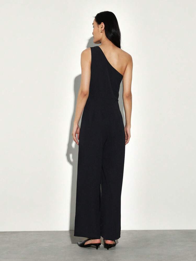 KSTM Sleek One Shoulder Black Jumpsuit With Wide Leg Design And Elegant Evening Silhouette For Sophisticated Style