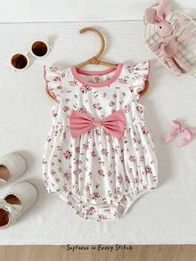 Cozy Pixies Baby Mädchen Blume Muster Kontrast Farbe Schleife Rundhals ärmelloses Romper - Pink - Übersicht 10