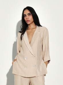 KSTM Women's Textured Double-Breasted Lightweight Blazer With Pearl Buttons And Relaxed Fit - Apricot - View 4