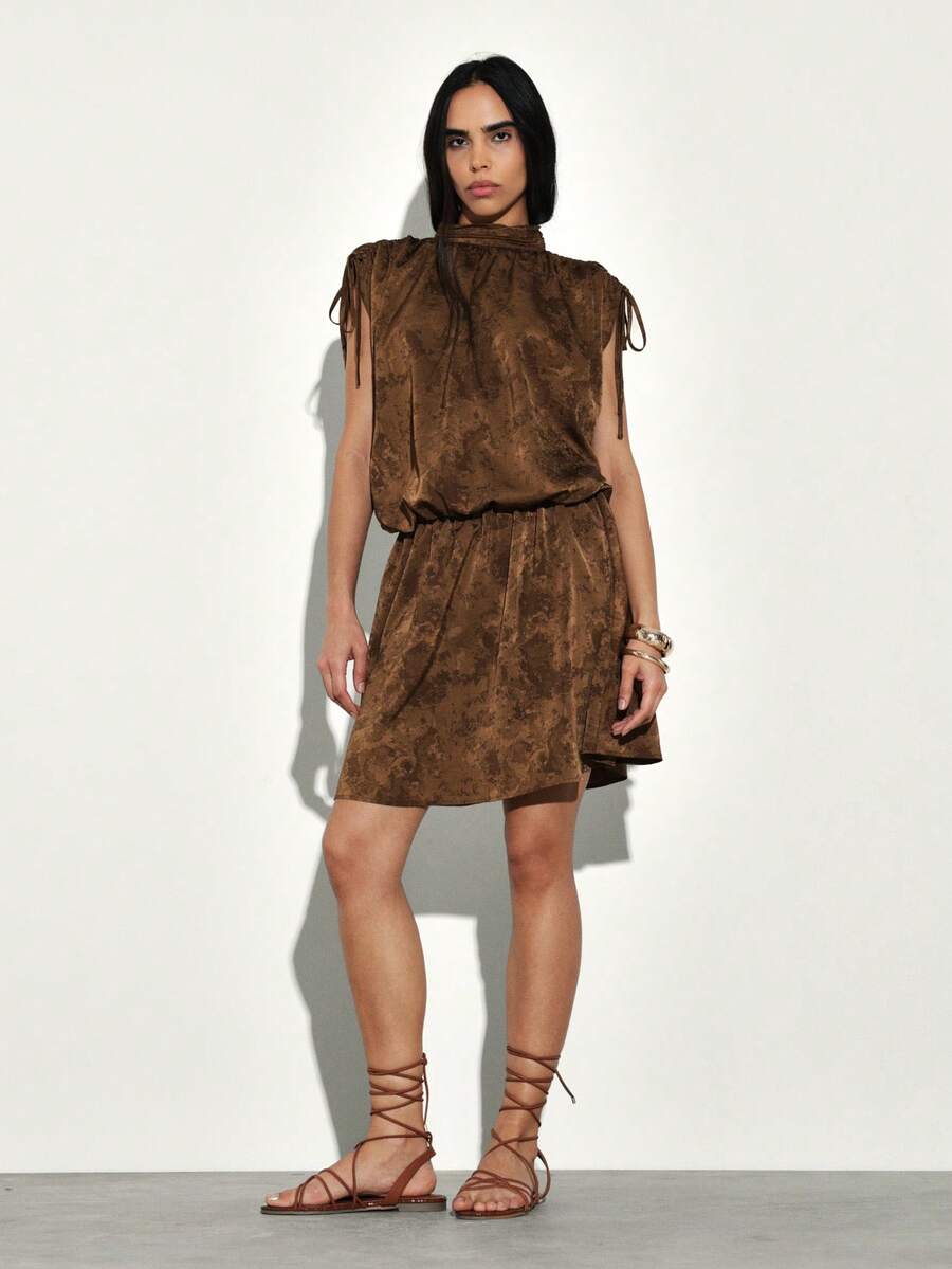 KSTM Drawstring Detailed Mock Neck Mini Dress With Shoulder Tie Accents And Blouson Silhouette For Casual Chic Style - Brown - View 1