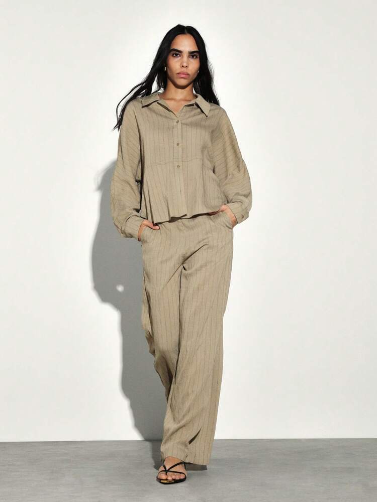 KSTM Women Pinstripe Two Piece Coordinated Set Long Sleeve Button Down Shirt Wide Leg Pants Casual Office Workwear