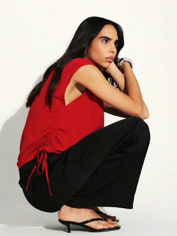 KSTM Women Cowl Neck Sleeveless Blouse With Side Tie Detail Draped Top For Office Casual Wear