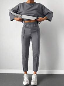 Cottnline Drop Shoulder 2 In 1 Tee & Seam Detail Sweatpants - Grey - View 5