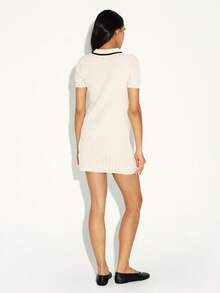 KSTM Ribbed Knit Mini Polo Dress With Contrast Trim Short Sleeve Button Front Sweater Dress Fall Winter - Beige - View 2