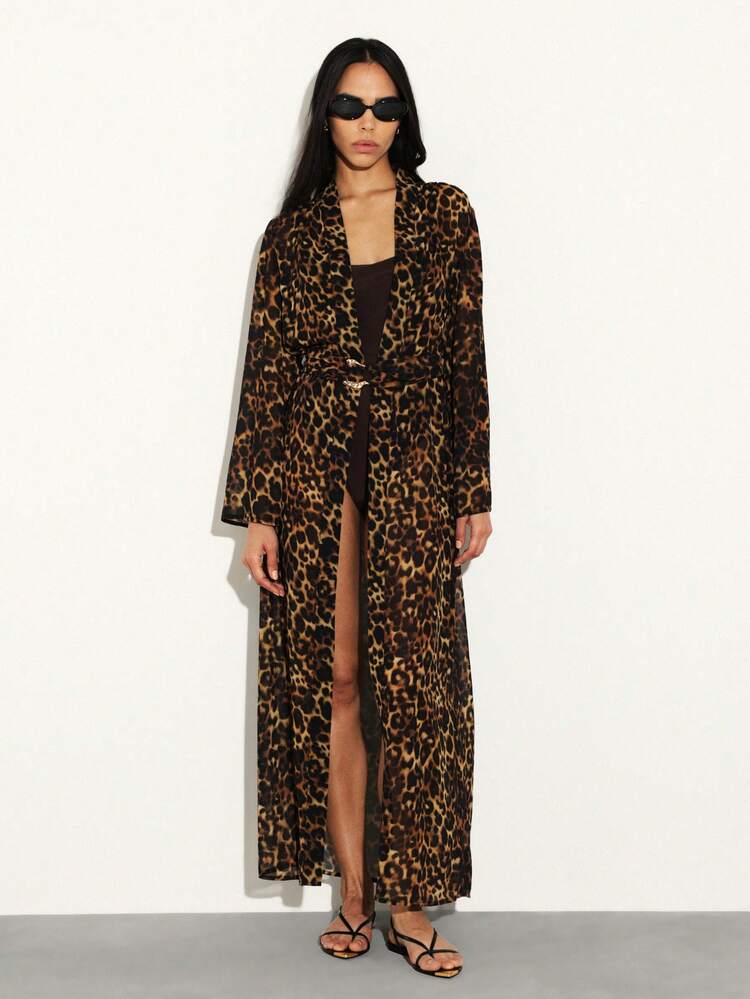 KSTM Leopard Print Long Chiffon Robe Cover Up With Belt Tie Waist Beach Vacation Resort Wear Kimono Style Cardigan