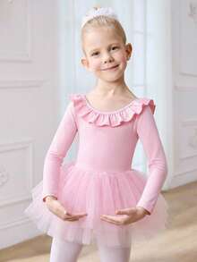 SHEIN Vestido de maillot de ballet de manga larga blanco para niñas, disfraz de ballet para niñas con mangas acampanadas de encaje - Rosa - Ver 2