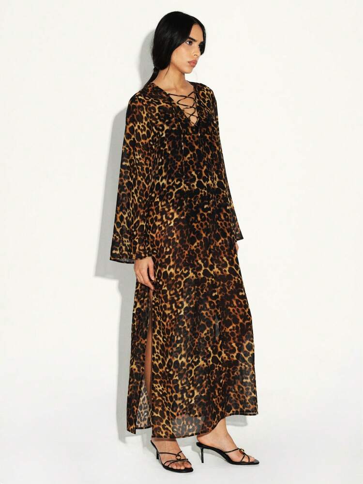 KSTM Abito lungo con stampa leopardata, maniche lunghe e allacciatura, con silhouette fluida semi-trasparente e scollo a V, adatto per l'autunno e l'inverno