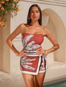 Swim Oasis 高端印花连体泳衣，带裙摆，侧边系带腰身，印花网纱长裙 - 彩色 - 查看 4