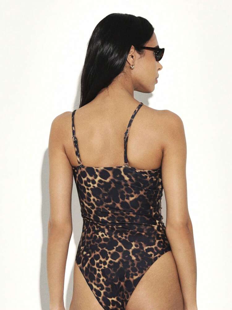 KSTM Leopard Print One Piece Swimsuit With Gold Ring Detail Halter Strapless Bandeau Summer Beach Vacation Resort Pool Party Swimwear