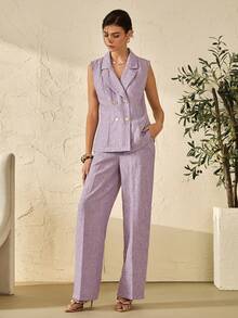 Bóhologie Linen Fabric Gold Button Detailed Vest And Pant Suit Sets - Lilac Purple - View 2