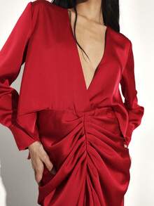 KSTM Luxurious Red Satin Maxi Dress With Deep V-Neck Long Sleeve Wrap Style Evening Gown Party Formal Wear - Black - View 6