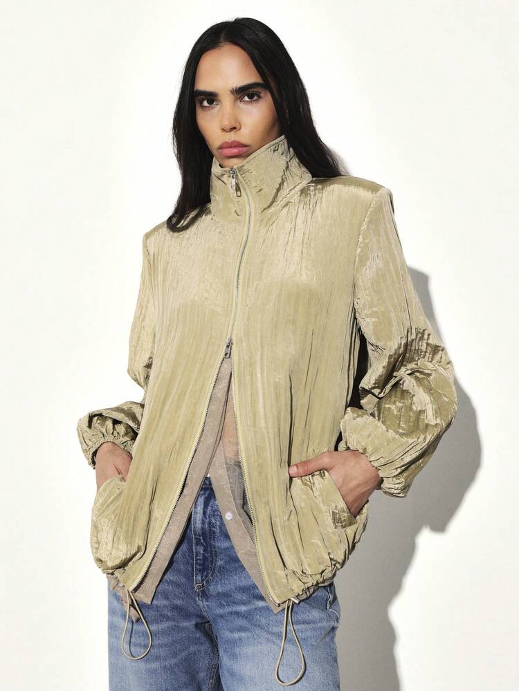 KSTM Metallic Gold Pleated Light Bomber Jacket For Women Fall Winter Fashion Zip Up Track Style Cropped Outerwear