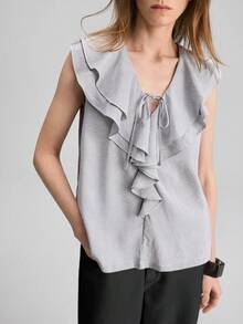 Ontre Women's Black & White Blouse, Comfortable Woven Fabric, Ruffle Trim, Loose Fit, Modern Urban Fashion, Business Casual Office Wear, Versatile Spring/Summer Top - Black and White - View 3