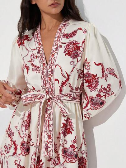 Aveloria Modichic New Vintage Printed V-Neck Waist Cinched Long Sleeve Mini Dress, Suitable For Dates, Afternoon Tea And Other Occasions