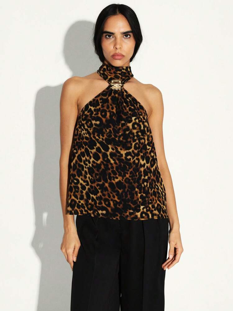 KSTM Débardeur imprimé léopard avec détail d'anneau métallique, blouse dos nu sans manches pour soirée, sortie en amoureux ou tenue de soirée
