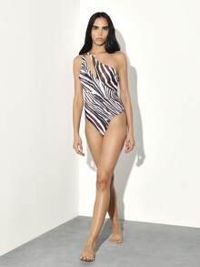 KSTM Traje de baño de una pieza con estampado de cebra, hombro descubierto, recorte, para playa, vacaciones de verano y fiestas en la piscina - Blanco y Negro - Ver 7