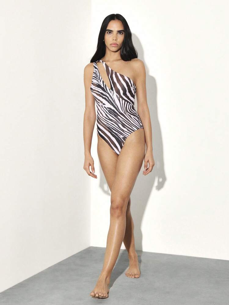 KSTM Women Zebra Print One Shoulder Swimsuit Cut Out Beach Summer Vacation Pool Party One Piece Swimwear