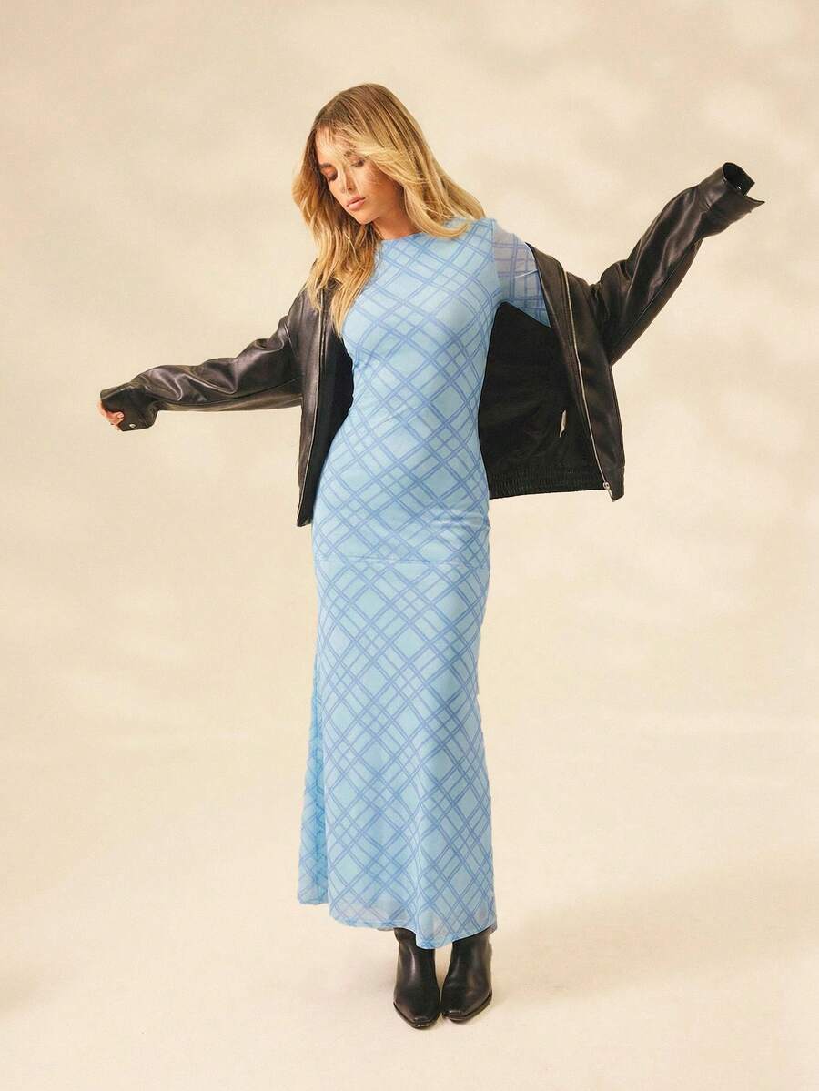 Aralina 女士通勤格子连衣裙 - 淺藍色 - 查看 1