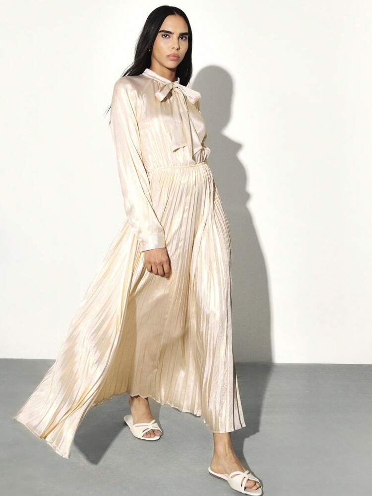KSTM Pleated Metallic Maxi Dress With Bow Neck Tie Long Sleeve Evening Formal Wedding Guest Occasion Dress