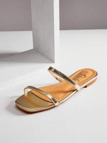 SHUZIA 金属双细带露趾平底凉鞋夏季鞋春季鞋春假复活节母亲节礼物 - 金色 - 查看 7