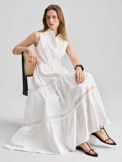 Ontre Women's Summer Casual Solid Color Lace Patchwork Sleeveless Dress Beach Clothing, All Season  Ins Celebrity Same Style Vacation Style, Exotic Atmosphere, Country Concert, Western Style Clothing, High-Grade Fabric, Comfortable And Breathable Bohemian Style Vacation Wear High-End, Elegant, Old-Fashioned Cruise Attire For Wedding Guests Waist Detail Flared Dress