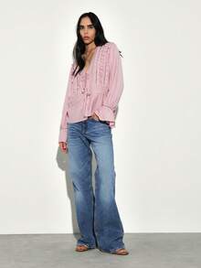 KSTM 女士系带荷叶边喇叭袖深V领长袖休闲女式上衣 - 粉色 - 查看 3