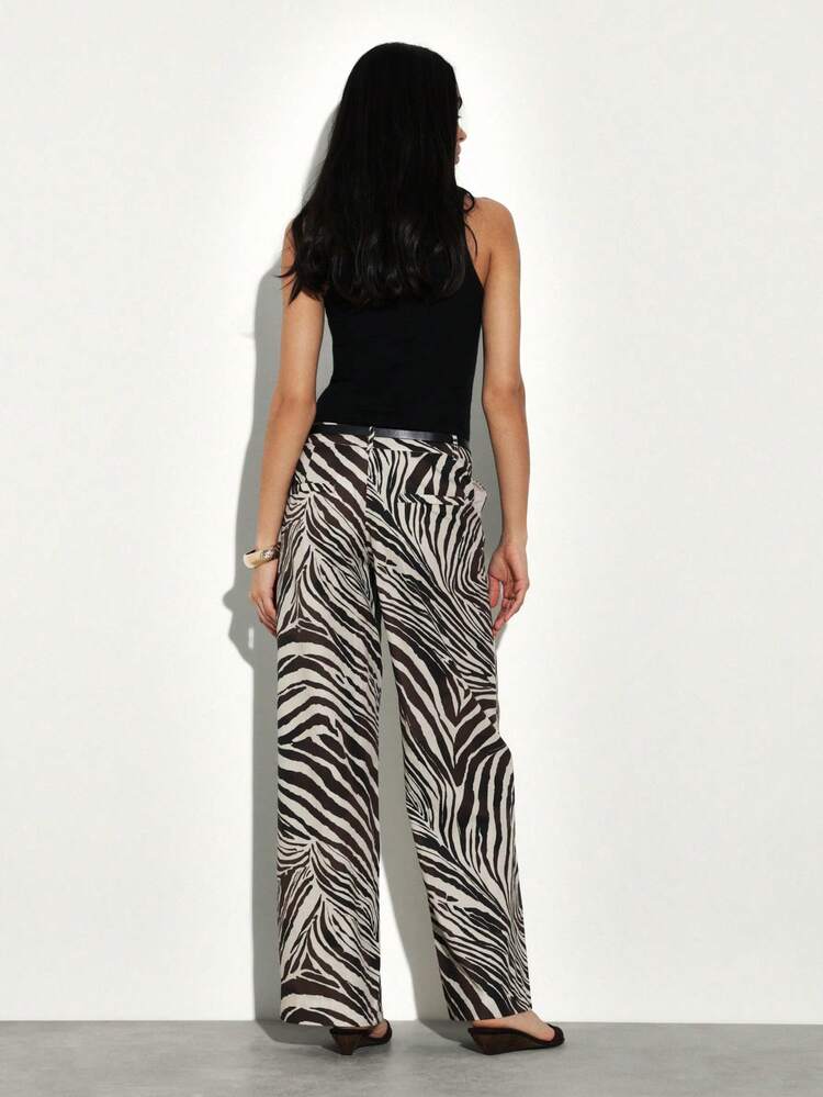 KSTM Calça Palazzo de Cintura Alta e Perna Larga com Estampa de Zebra e Silhueta Fluida para Estilo Casual de Verão