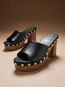 SHUZIA 时尚女士黑色穆勒厚底凉鞋，易穿舒适，露趾设计，春夏休闲度假必备鞋款 - 黑色 - 查看 3