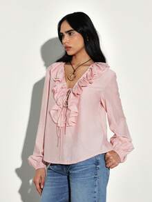 KSTM Ruffled Deep V Neck Long Sleeve Tie Front Peasant Blouse With Gathered Cuffs - Pink - View 4