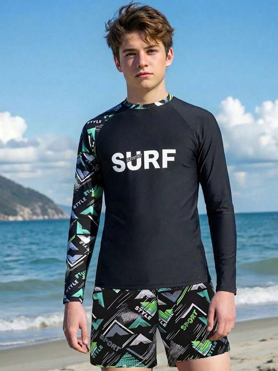 SHEIN 青少年男孩防磨泳衣套裝，長袖衝浪泳衣與抽繩腰圍沙灘短褲，夏季街頭風度假休閒運動泳裝