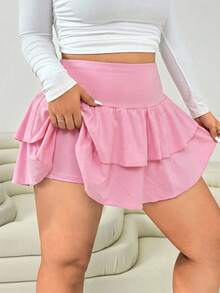 Plus Size Women Spring/Summer Casual Pink Ruffle Hem Skirt - Pink - View 4
