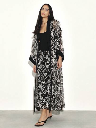 KSTM Women's Long Paisley Print Mesh Kimono Cover Up Open Front Cardigan With Black Trim Boho Beach Robe