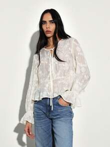 KSTM 女士薄纱灯笼袖衬衫，饰有花卉刺绣，波西米亚风系带长袖白色半透明女式春夏装 - 杏色 - 查看 6