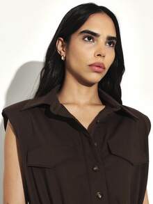 KSTM Sleeveless Utility Jumpsuit With Chest Pockets And Belted Waist For Casual Everyday Wear - Brown - View 7