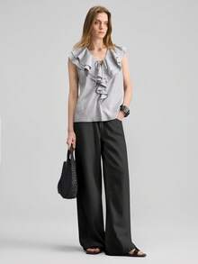 Ontre Women's Black & White Blouse, Comfortable Woven Fabric, Ruffle Trim, Loose Fit, Modern Urban Fashion, Business Casual Office Wear, Versatile Spring/Summer Top - Black and White - View 2