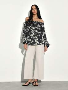 KSTM Off Shoulder Blouse With Long Sleeves Floral Print Black Top Elastic Neckline Casual Bohemian Style Garden Party Spring Summer Fashion - Multicolor - View 3
