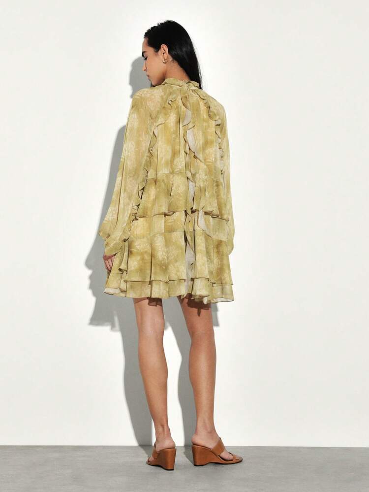 KSTM Women's Long Sleeve Mock Neck Tiered Ruffle Mini Dress With Sheer Chiffon Overlay And Layered Pleated Details For Cocktail Party Events